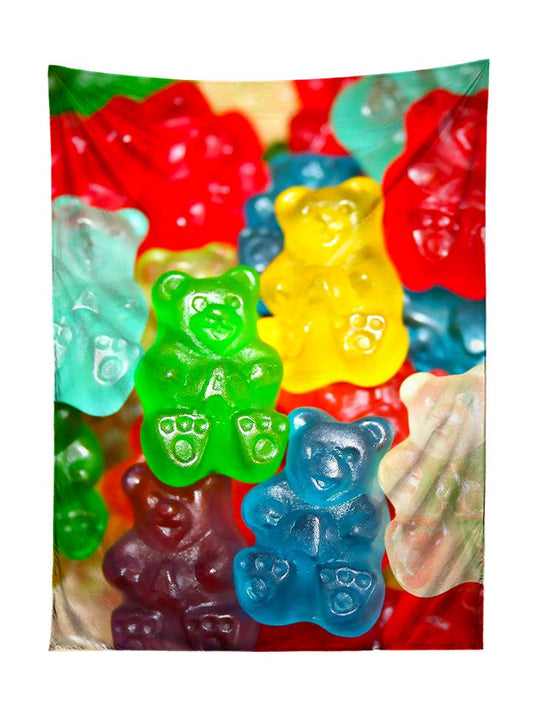 Vertical hanging view of all over print rainbow gummy bears tapestry by GratefullyDyed Apparel.