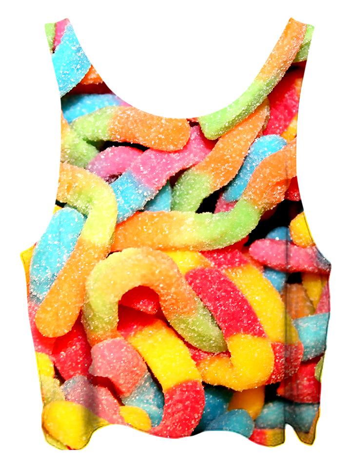 All over print psychedelic gummies cropped top by Gratefully Dyed Apparel back view.