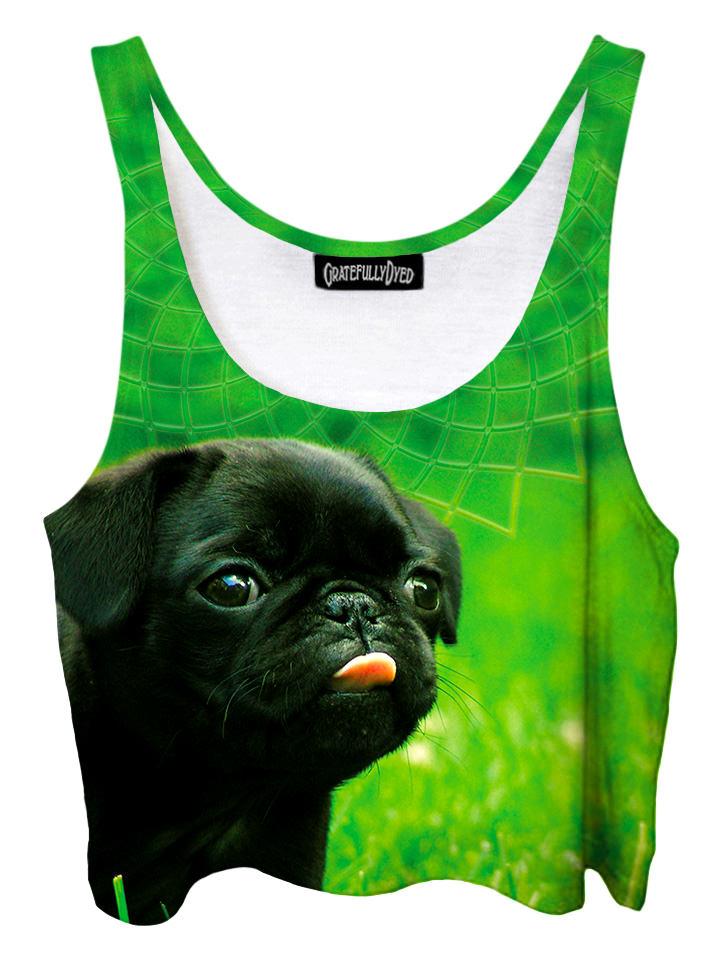 Trippy front view of GratefullyDyed Apparel black & green pug dog fractal crop top.