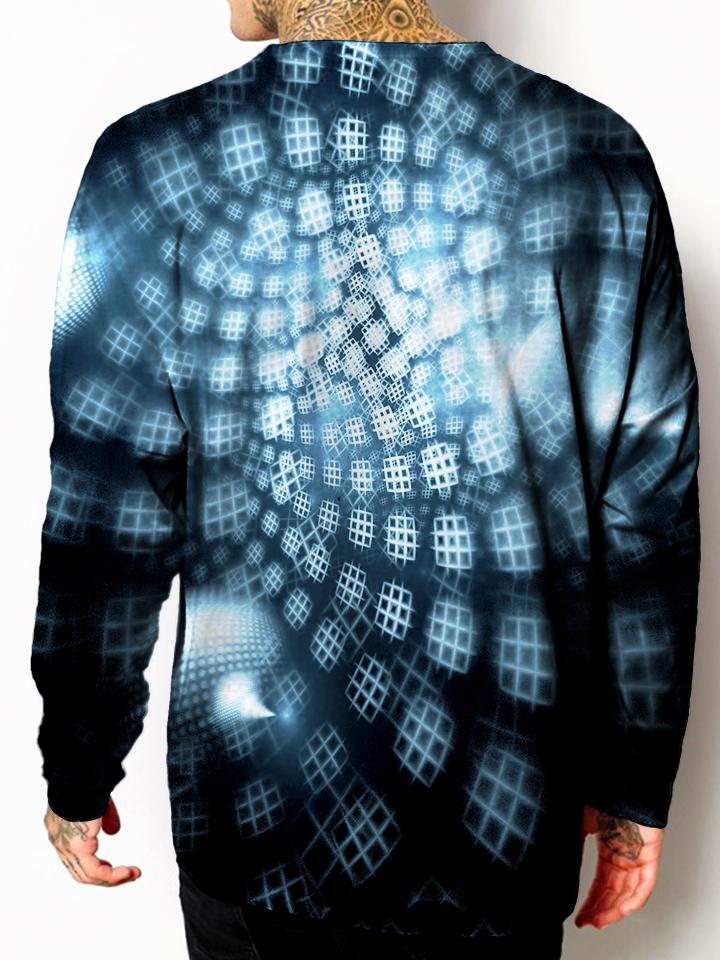 Model back view of all over print psychedelic sacred geometry unisex longsleeve.