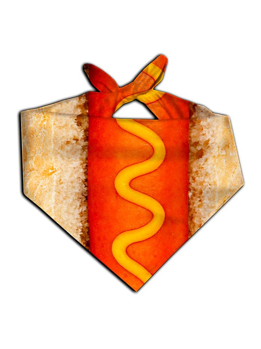 All over print hot dog with mustard bandana by GratefullyDyed Apparel tied neck scarf view.