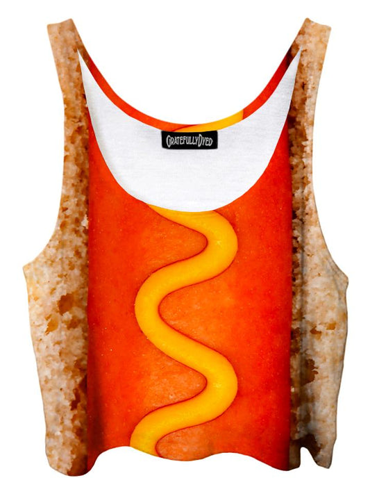 Trippy front view of GratefullyDyed Apparel red, brown & yellow hot dog crop top.