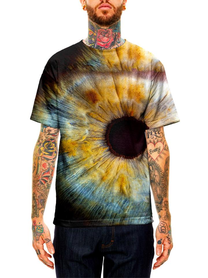 Model wearing GratefullyDyed brown, blue & black eyeball unisex t-shirt.
