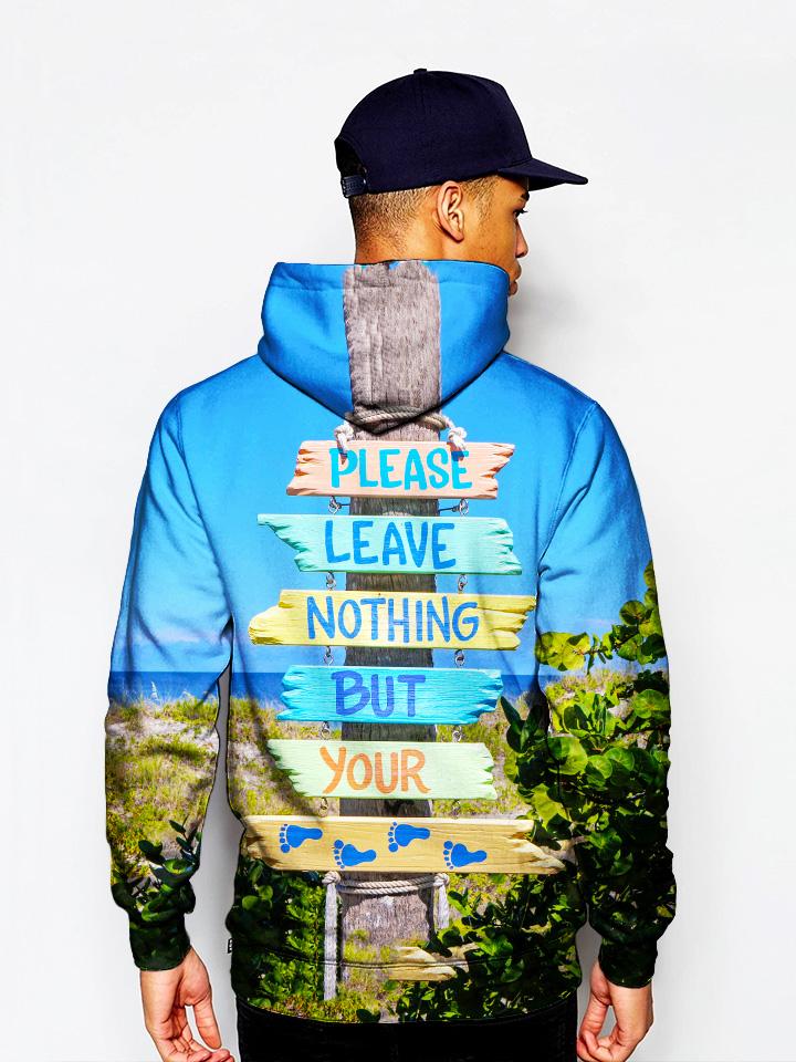 Model wearing GratefullyDyed Apparel environmentalist beach bum hoodie.