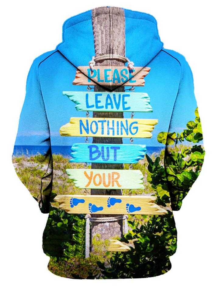 Rear of women's beach scene with slogan hoody.