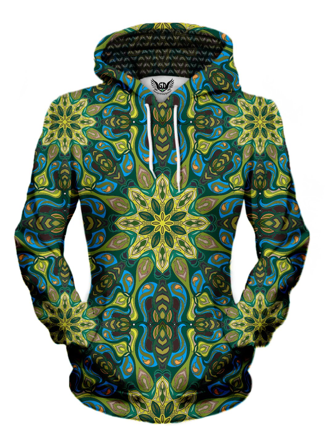 Women's front view of trippy mandala pullover hoodie.