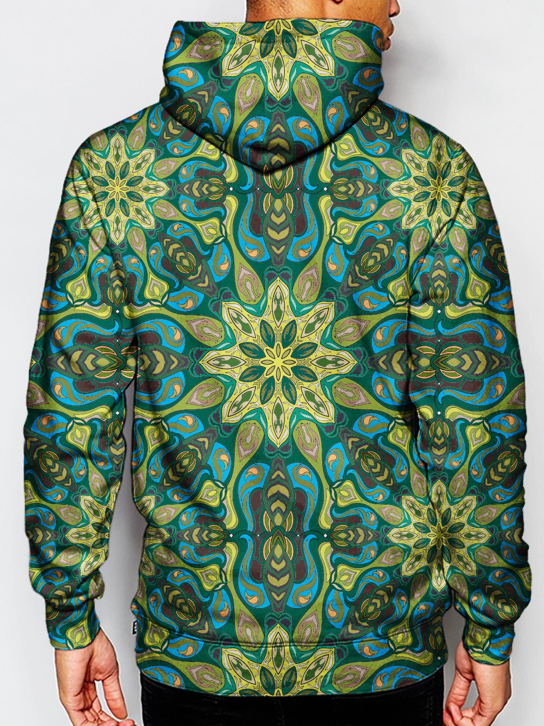 Model wearing GratefullyDyed Apparel psychedelic sacred geometry pullover hoodie.