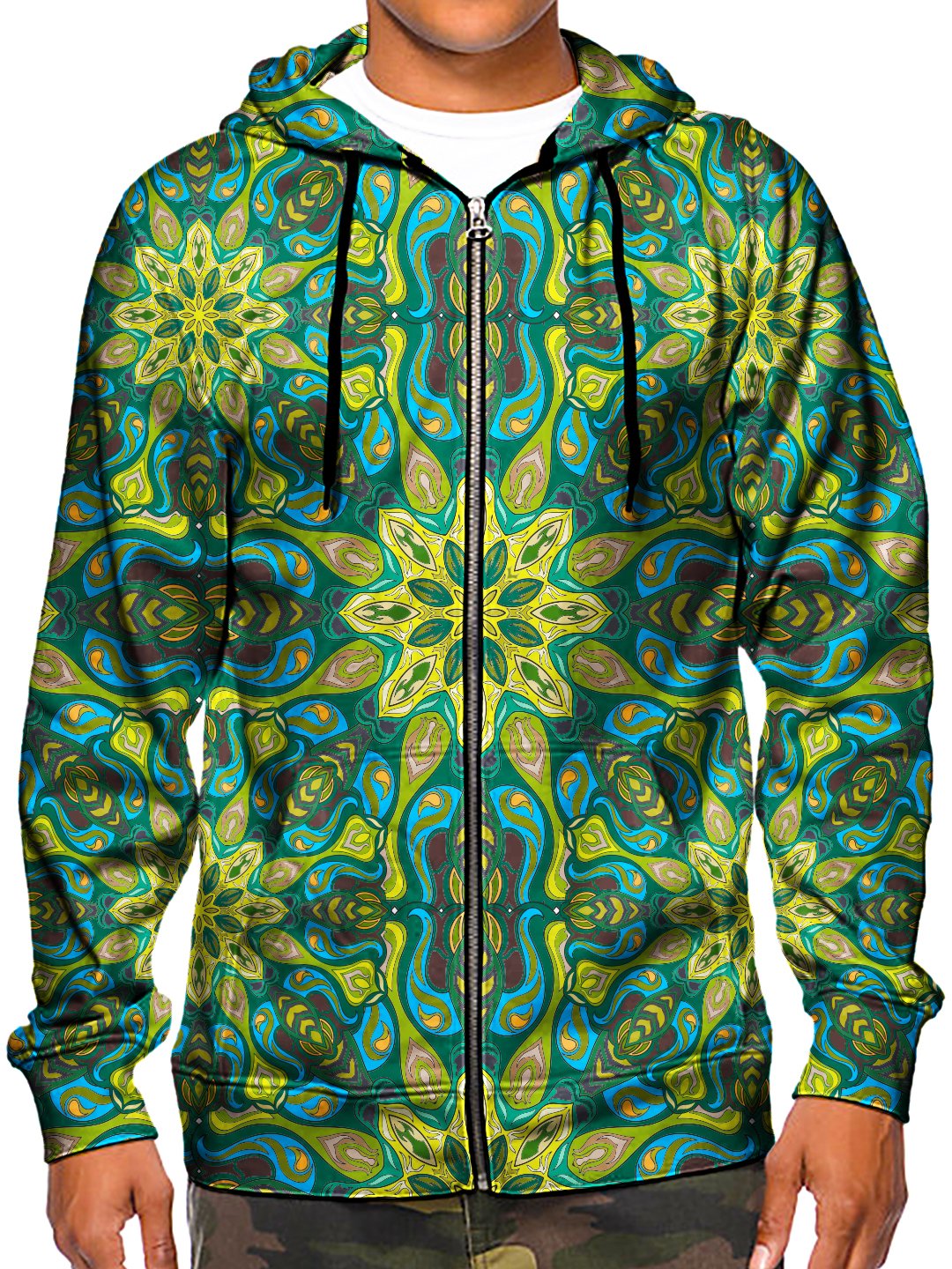 Model wearing GratefullyDyed Apparel psychedelic sacred geometry zip-up hoodie.