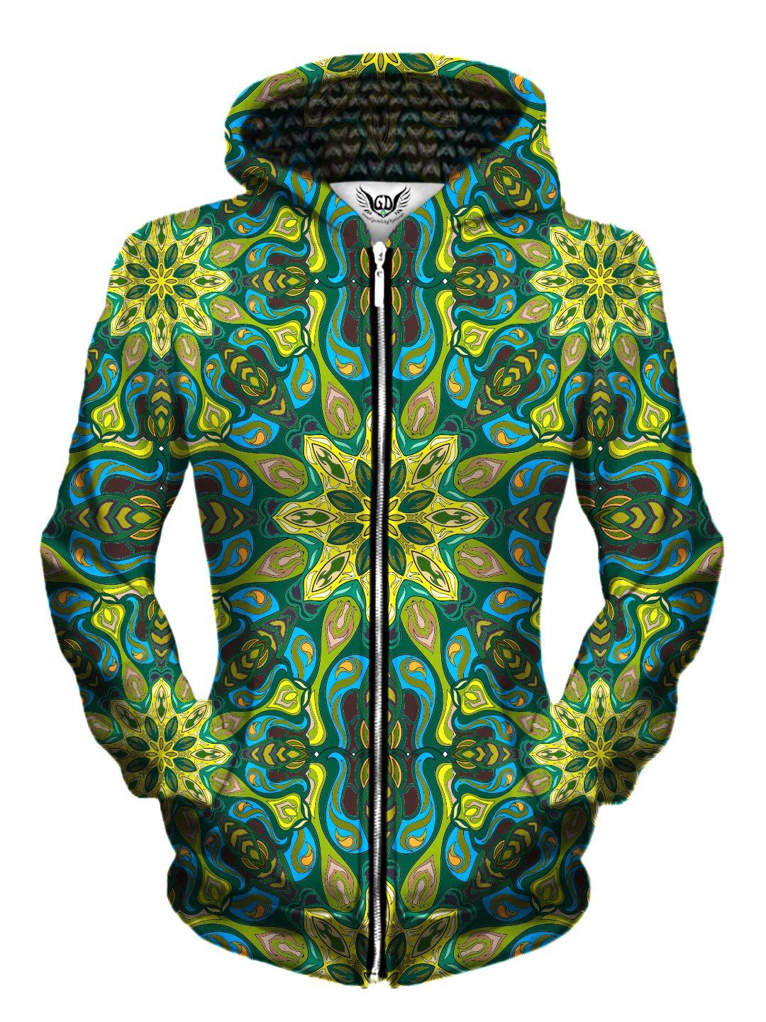 Front view of women's all over print sacred geometry zip up hoody by Gratefully Dyed Apparel.