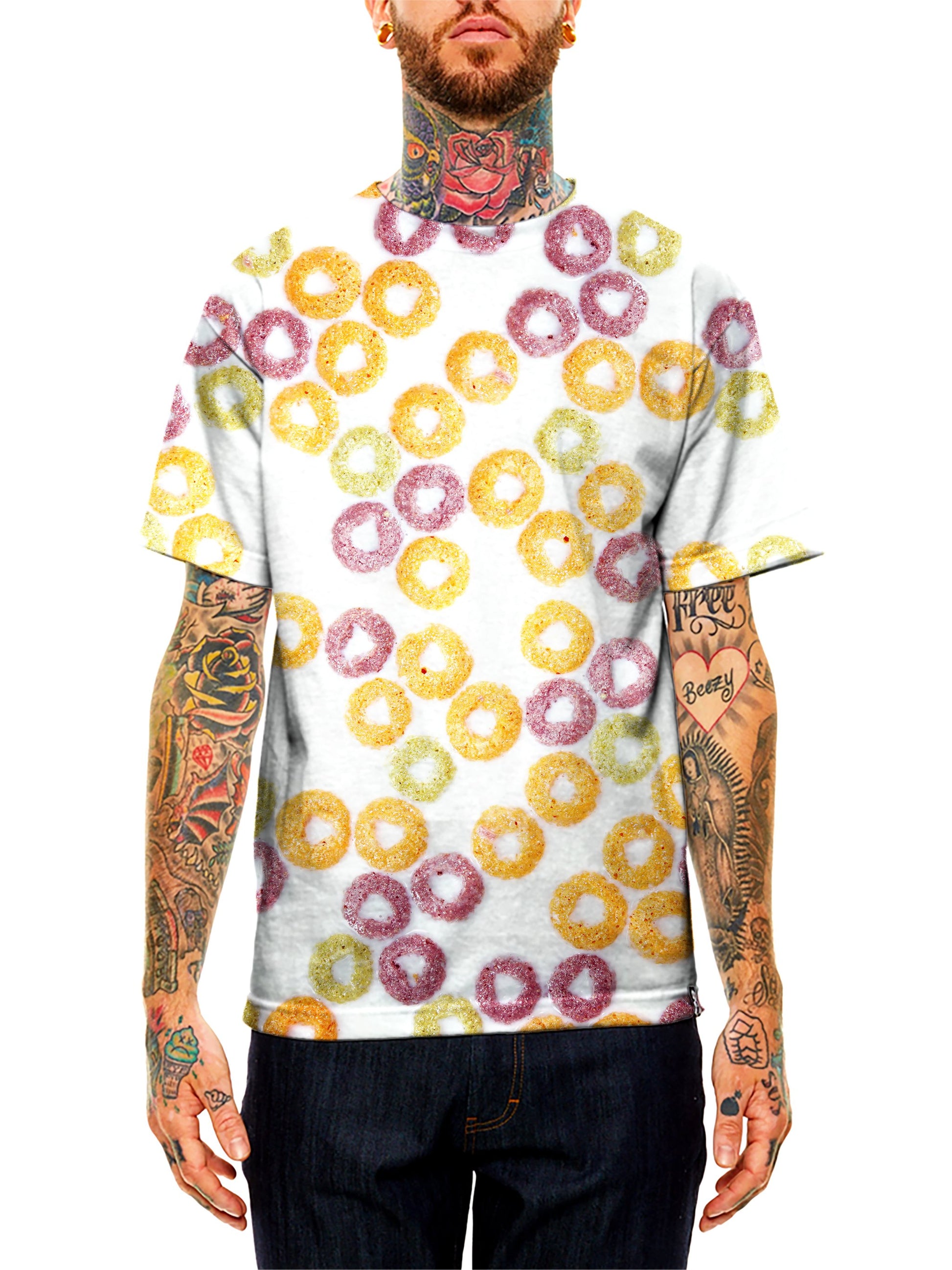 Model wearing GratefullyDyed Apparel rainbow fruit loops cereal unisex tee.