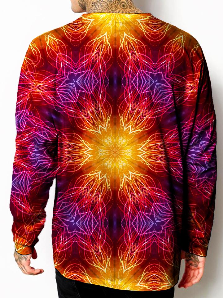 Model back view of all over print psychedelic sacred geometry unisex longsleeve.