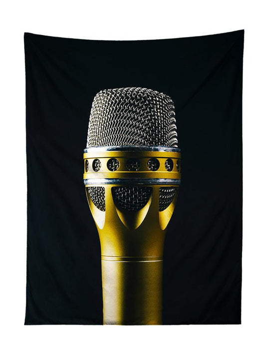 Vertical hanging view of all over print bras, silver & black microphone tapestry by GratefullyDyed Apparel.