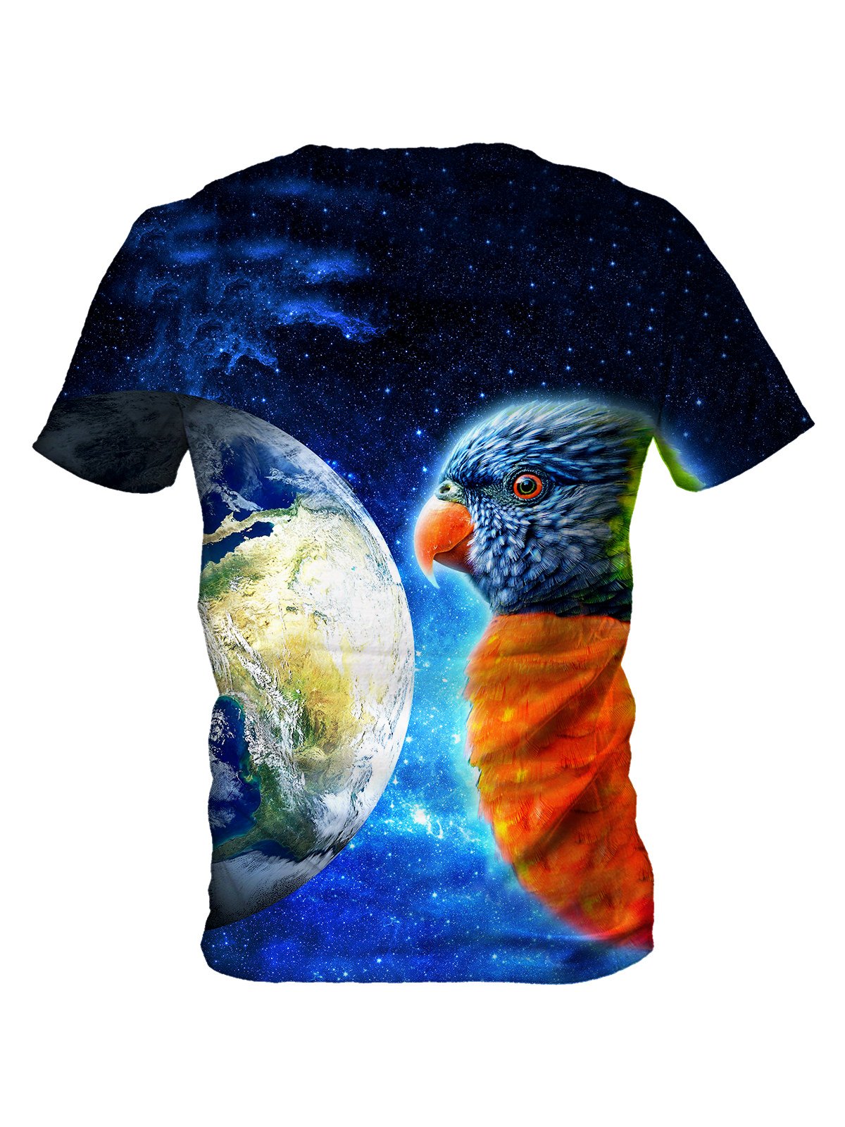 Back view of all over print psychedelic galaxy bird t shirt by Gratefully Dyed Apparel.