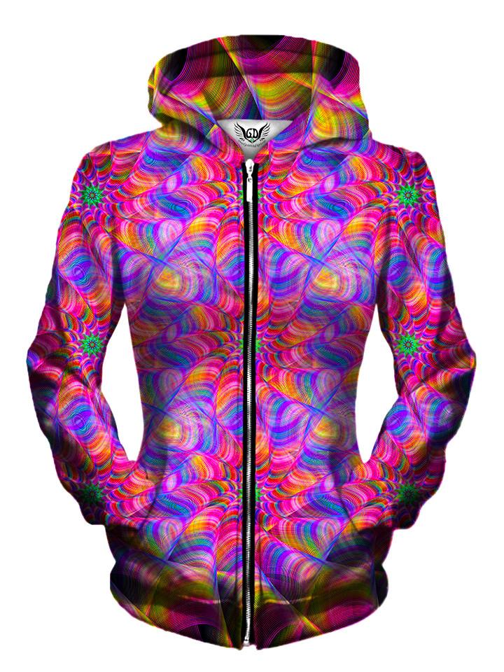 Front view of women's all over print sacred geometry zip up hoody by Gratefully Dyed Apparel.