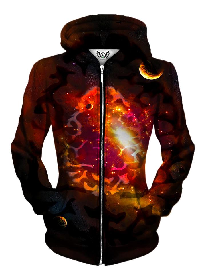 Front view of women's all over print space zip up hoody by Gratefully Dyed Apparel.