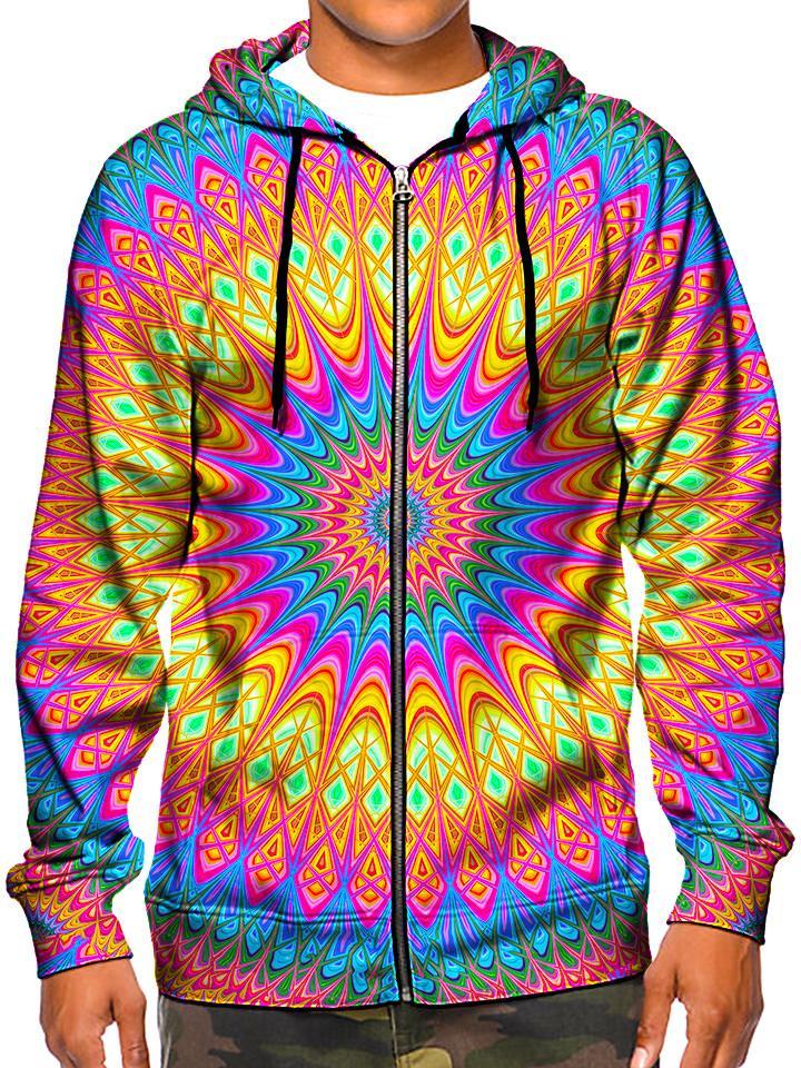 Model In Trippy Neon Zip Up Hoodie