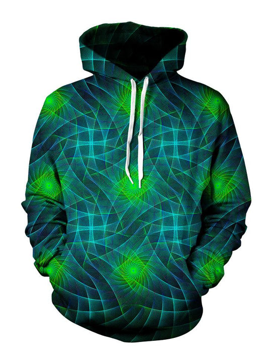 Men's green & blue light show mandala fractal pullover hoodie front view.
