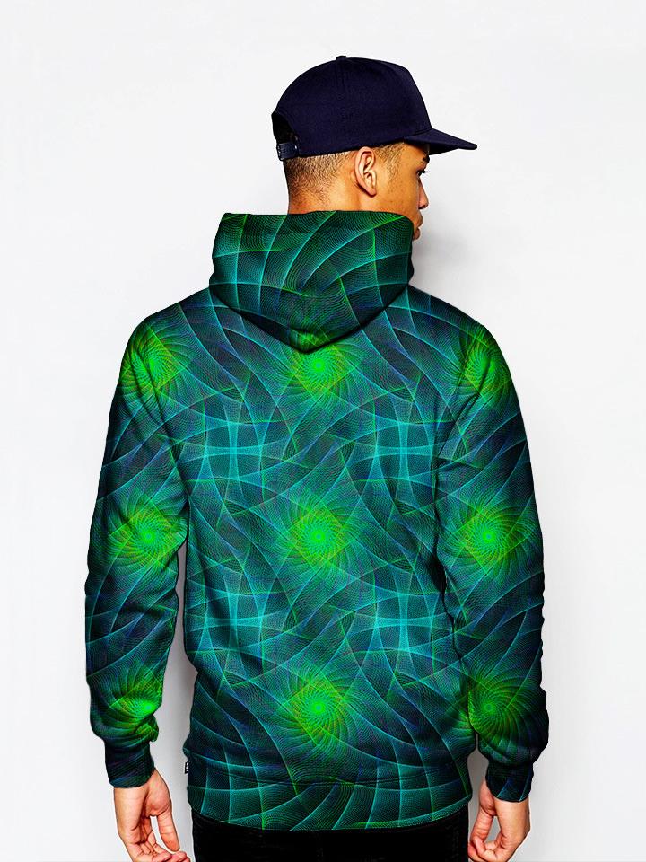 Model wearing GratefullyDyed Apparel psychedelic mandala fractal hoodie.