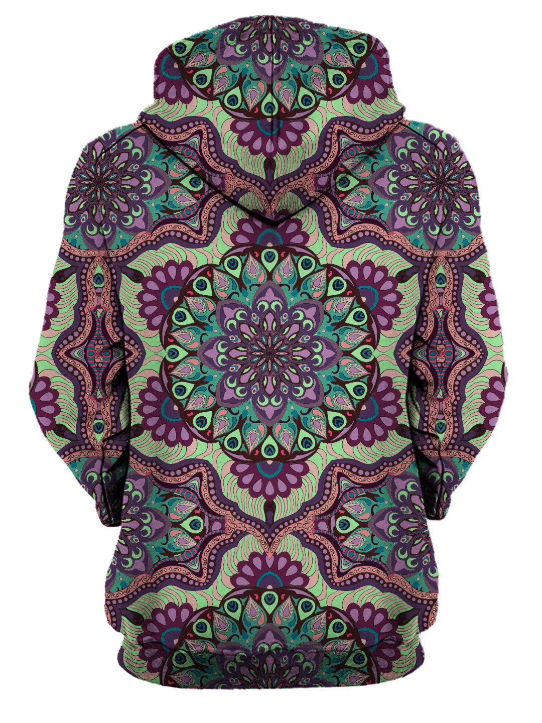 Rear of women's all over print purple, green & pink psychedelic pastel mandala hoody.