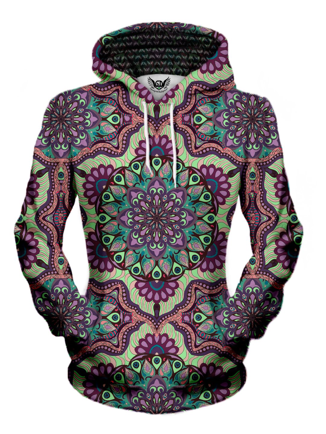Women's front view of trippy mandala pullover hoodie.