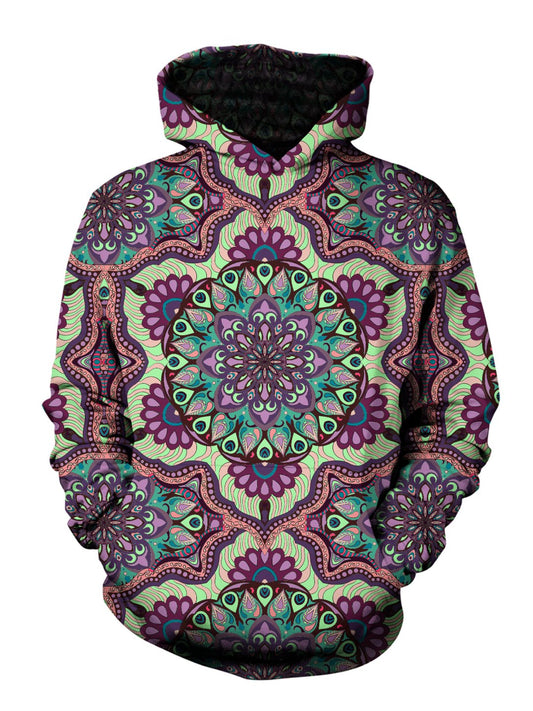 Men's purple, green & pink pastel retro mandala pullover hoodie front view.