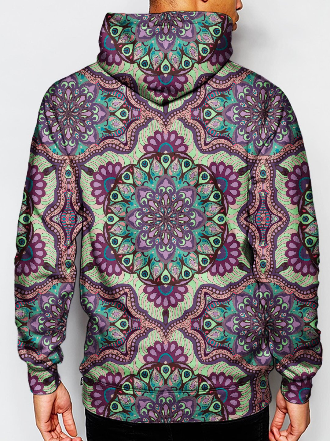 Model wearing GratefullyDyed Apparel psychedelic sacred geometry pullover hoodie.