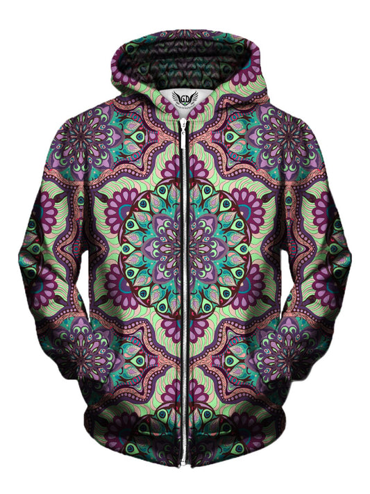 Men's purple, green & pink pastel mandala zip-up hoodie front view.