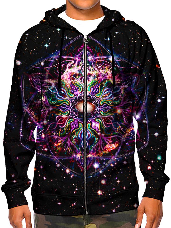 Model wearing GratefullyDyed Apparel psychedelic mandala galaxy zip-up hoodie.