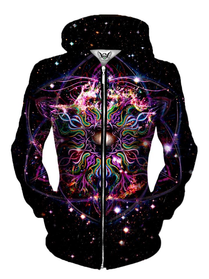 Front view of women's all over print sacred geometry space zip up hoody by Gratefully Dyed Apparel.