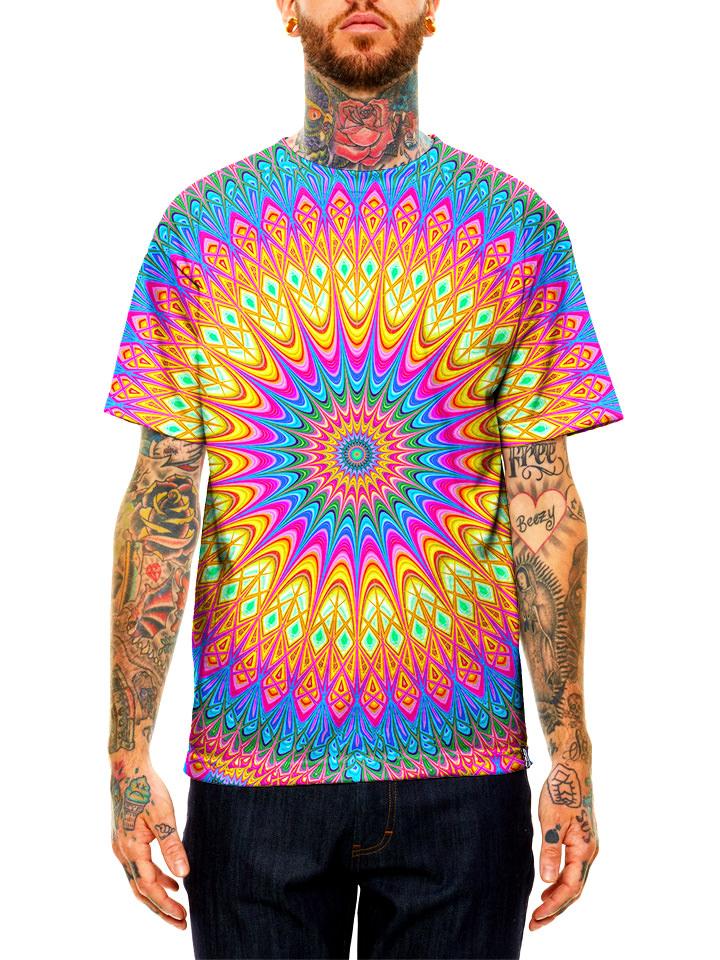 Model wearing GratefullyDyed Apparel rainbow mandala unisex t-shirt.