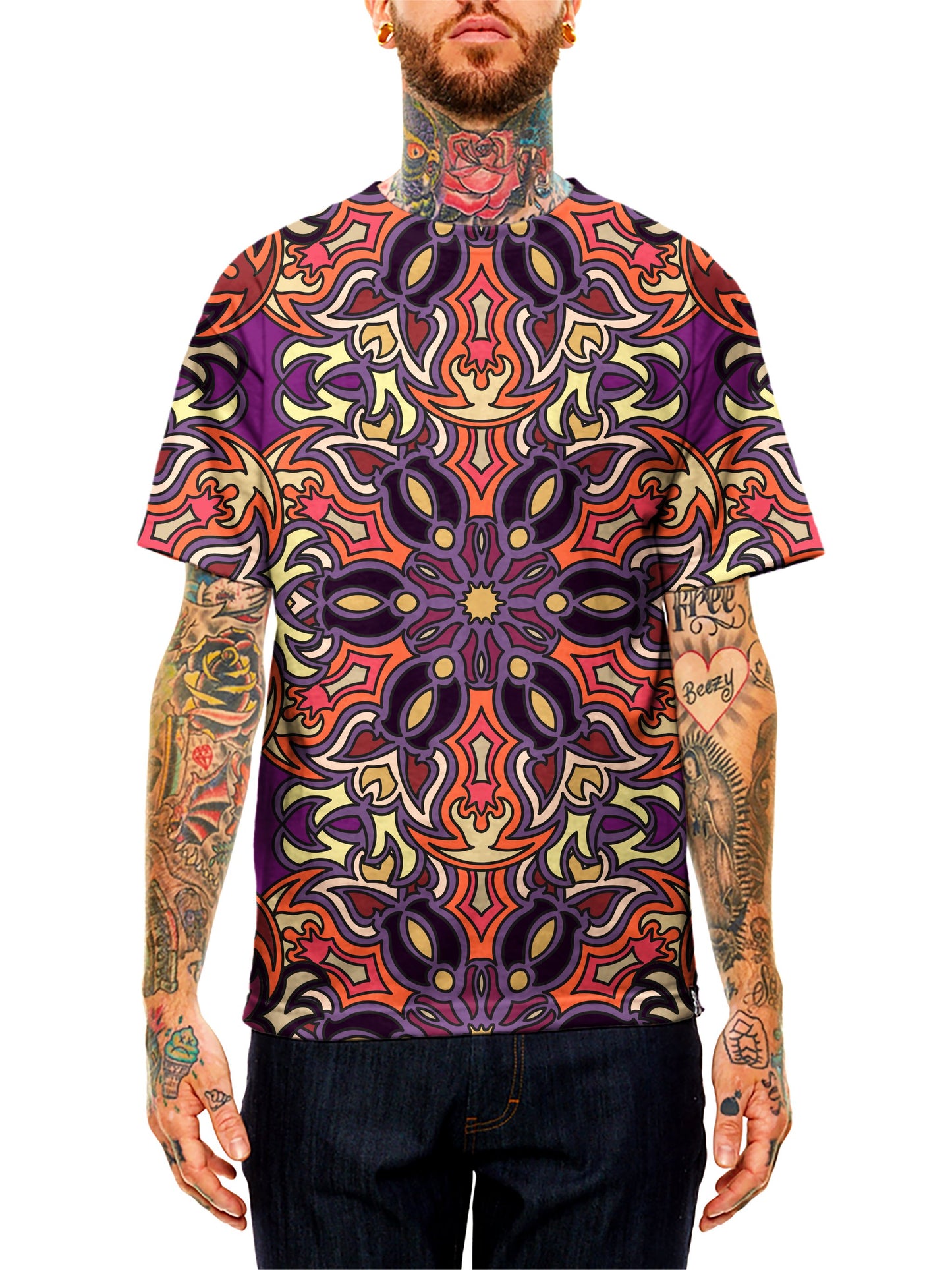 Model wearing GratefullyDyed Apparel orange, purple & yellow mandala unisex t-shirt.