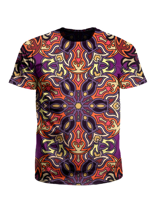 Men's purple, orange & yellow mandala unisex t-shirt front view.
