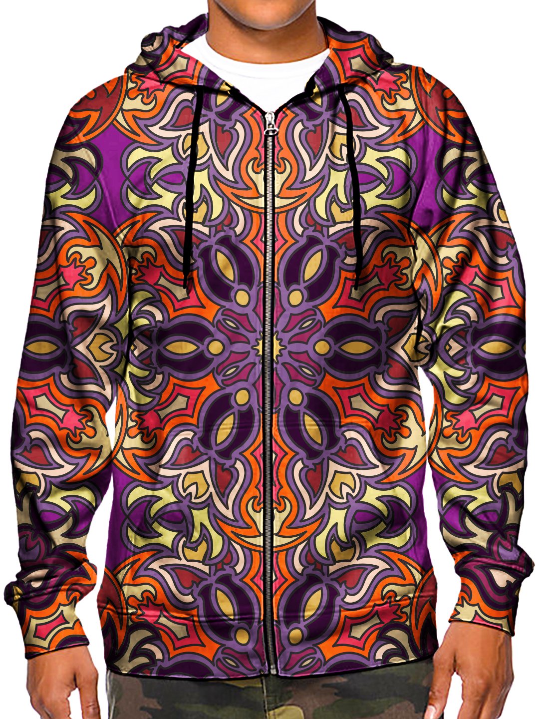 Model wearing GratefullyDyed Apparel psychedelic sacred geometry zip-up hoodie.