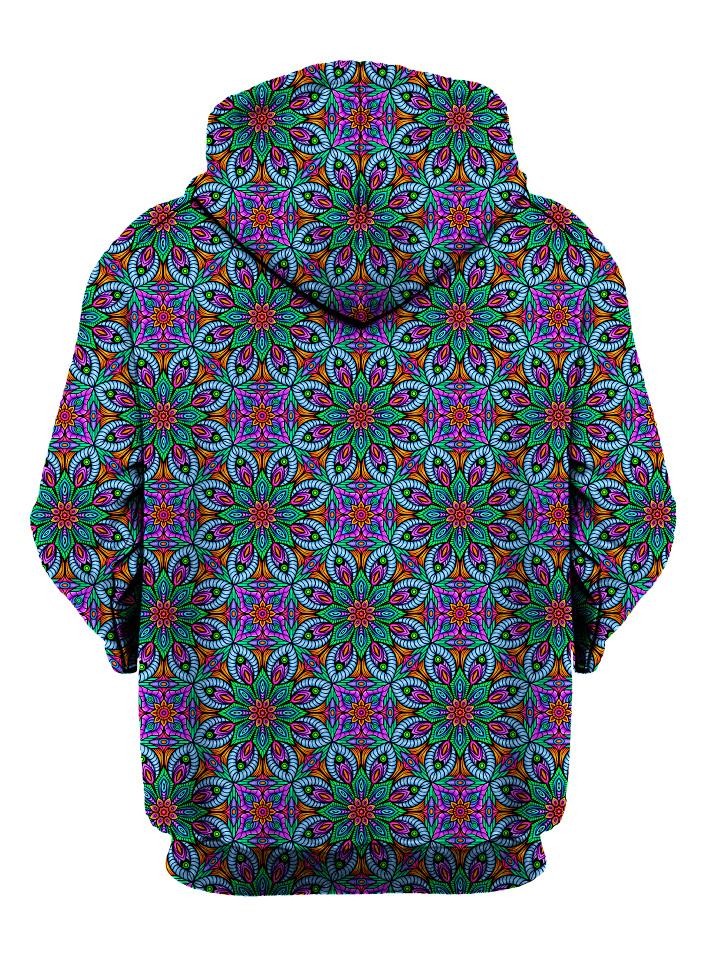 Back view of all over print psychedelic sacred geometry hoody by Gratefully Dyed Apparel.