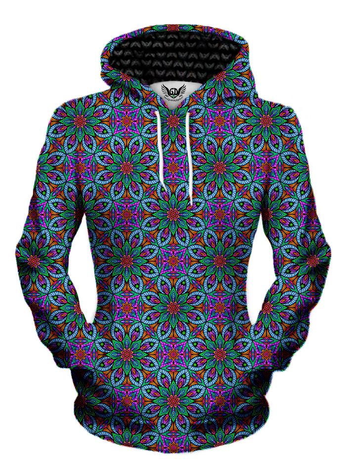 Women's front view of trippy flower fractal mandala pullover hoodie.