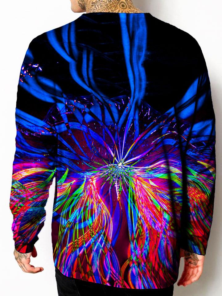 Model back view of all over print psychedelic sacred geometry unisex longsleeve.