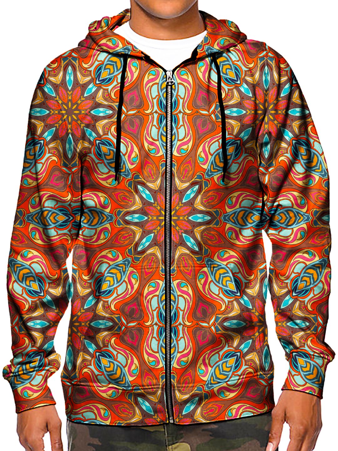 Model wearing GratefullyDyed Apparel psychedelic sacred geometry zip-up hoodie.