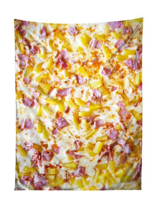 Vertical hanging view of all over print pineapple pizza tapestry by GratefullyDyed Apparel.