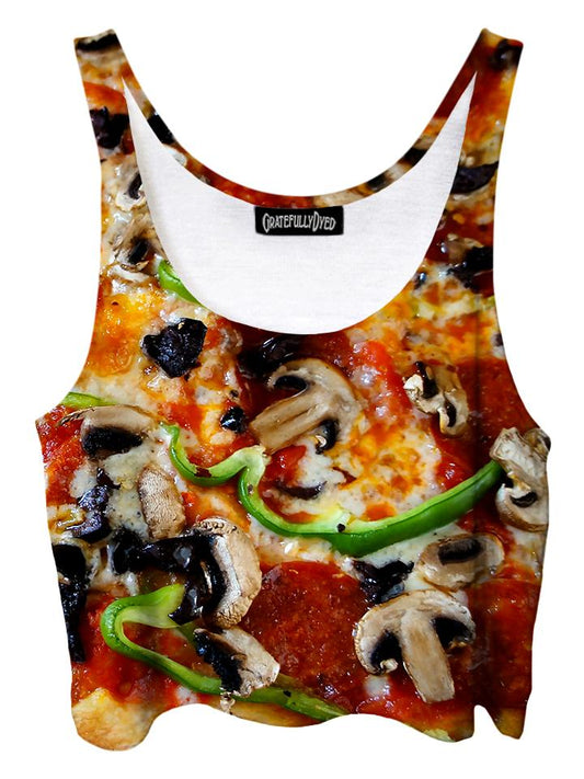 Trippy front view of GratefullyDyed Apparel green & red supreme pizza crop top.