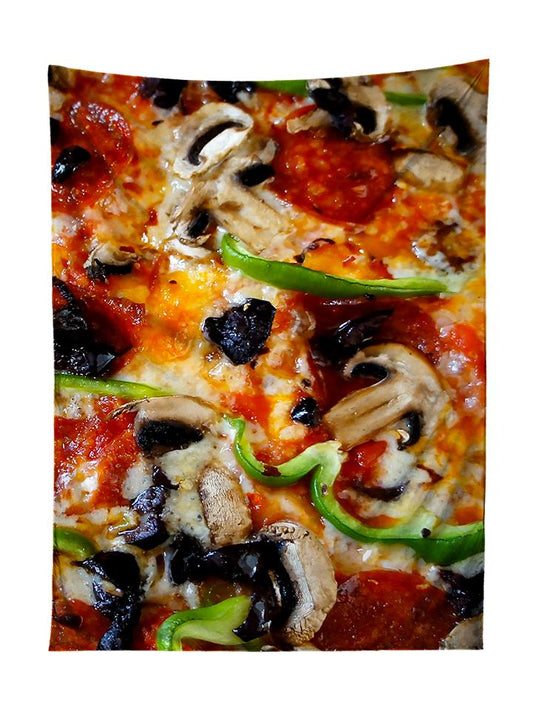 Vertical hanging view of all over print supreme pizza tapestry by GratefullyDyed Apparel.