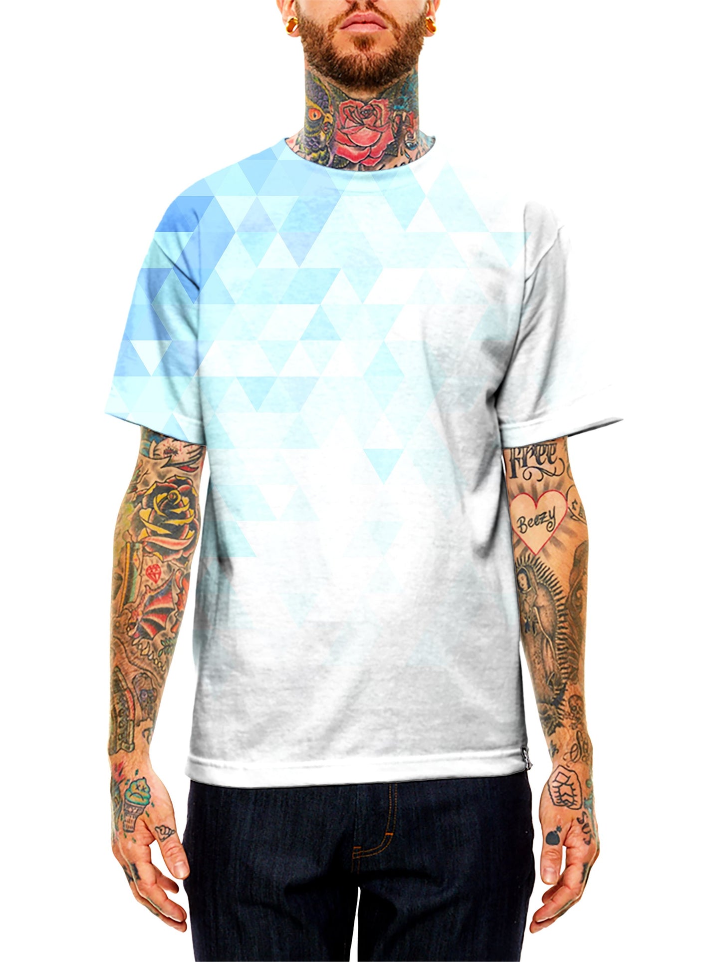 Model wearing GratefullyDyed Apparel white & blue polygon unisex t-shirt.