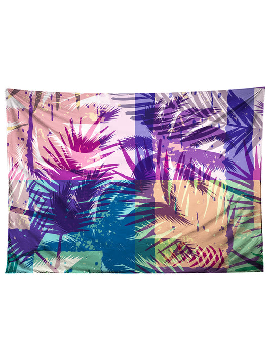 Horizontal hanging view of all over print rainbow palm pattern tapestry by GratefullyDyed Apparel.