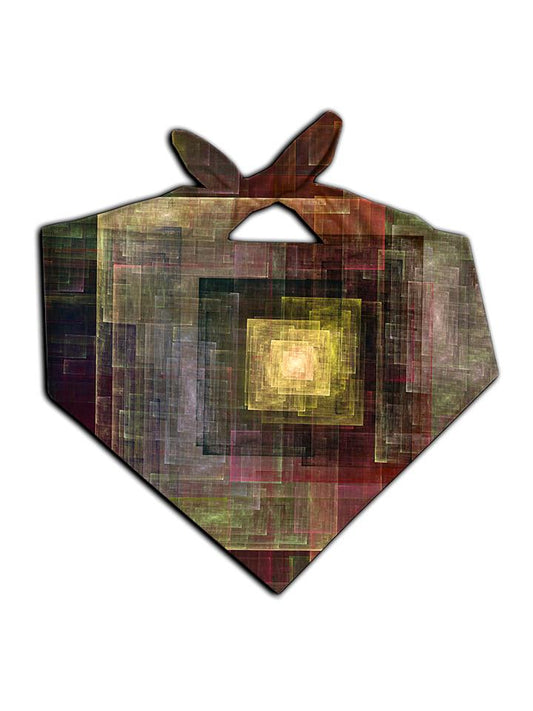 Brown and gold square artwork printed bandana tied