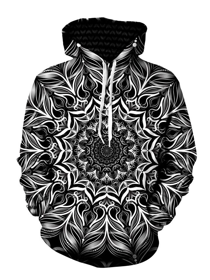 Black And White Trippy Mandala Pullover Hoodie Front View