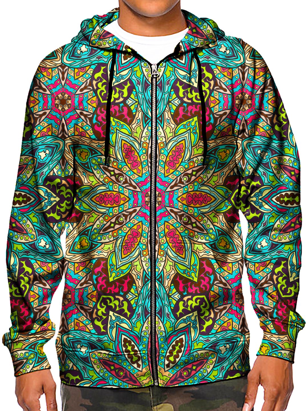 Model wearing GratefullyDyed Apparel psychedelic sacred geometry zip-up hoodie.