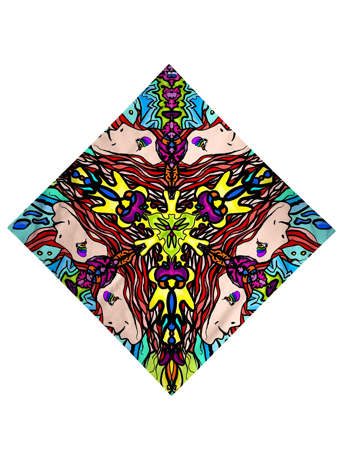 Trippy Gratefully Dyed Apparel mirrored face mandala bandana flat view.