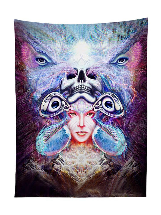 Vertical hanging view of all over print purple, blue & pink visionary art tapestry by GratefullyDyed Apparel.