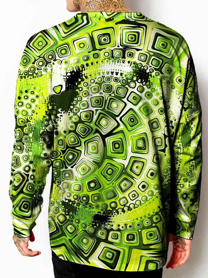 Model back view of all over print psychedelic sacred geometry unisex longsleeve.