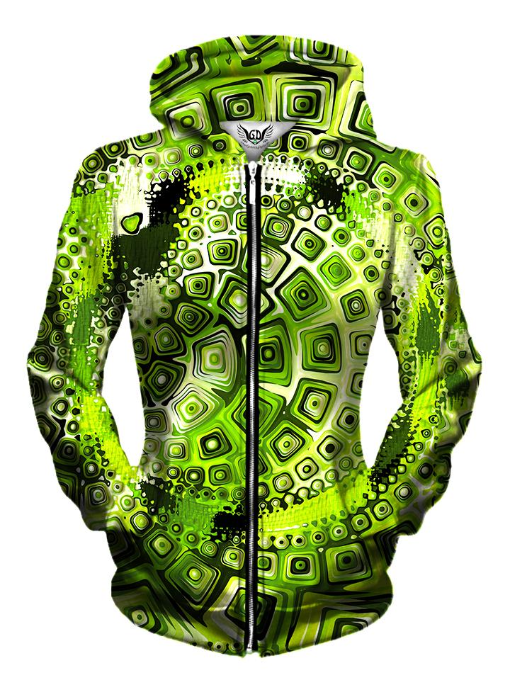 Front view of women's all over print sacred geometry zip up hoody by Gratefully Dyed Apparel.