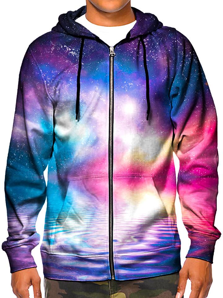 Model wearing GratefullyDyed Apparel psychedelic purple,pink,blue & white space ripple zip-up hoodie.